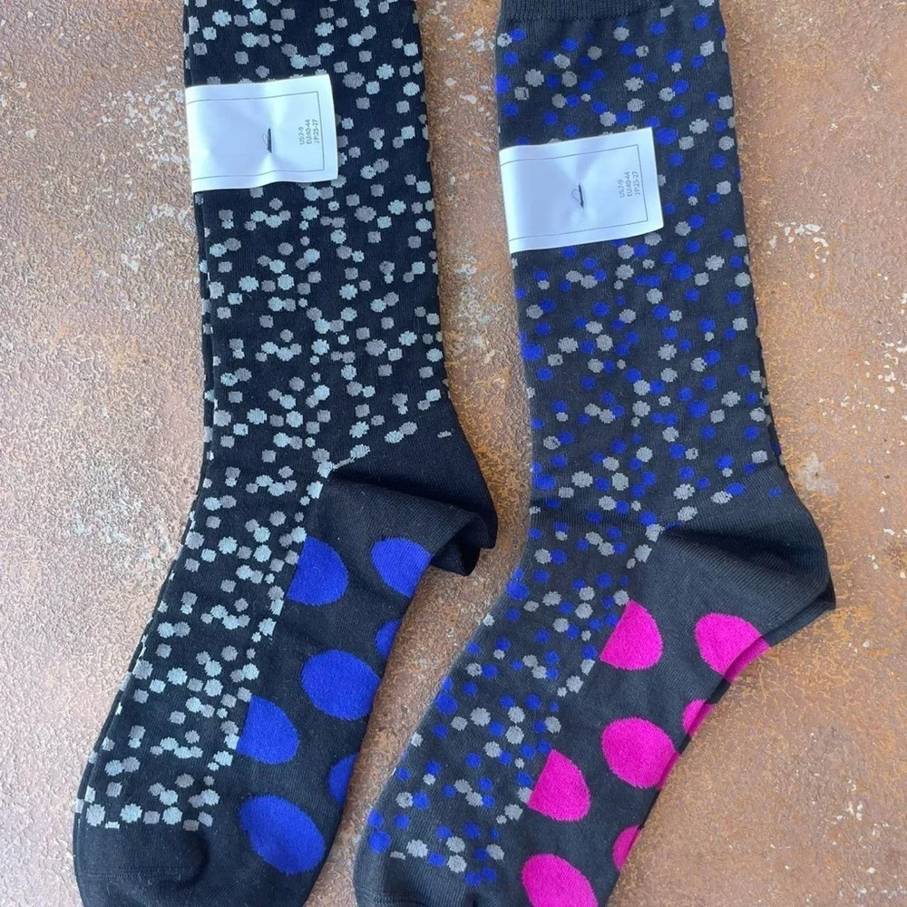 NWT Men’s MAISON BLANCHE polka dot blue and black geometric socks / sz 7-9